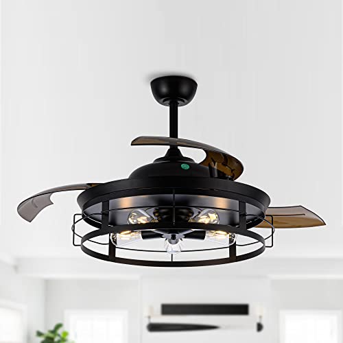 Parrot Uncle Ceiling Fans with Lights and Remote 52 Inch Black Ceiling Fan with Light and Retractable Blades Outdoor Ceiling Fans for Patios Covered