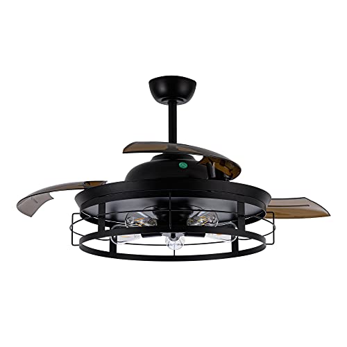 Parrot Uncle Ceiling Fans with Lights and Remote 52 Inch Black Ceiling Fan with Light and Retractable Blades Outdoor Ceiling Fans for Patios Covered