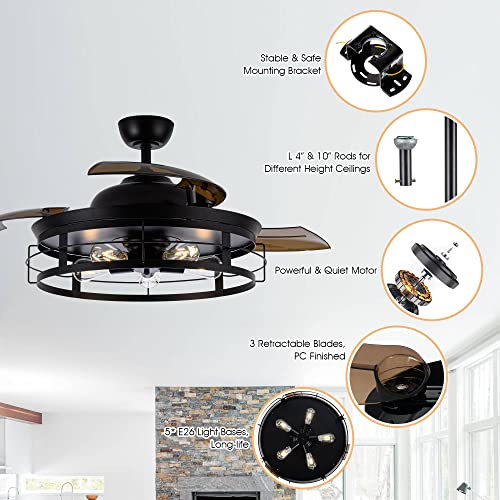 Parrot Uncle Ceiling Fans with Lights and Remote 52 Inch Black Ceiling Fan with Light and Retractable Blades Outdoor Ceiling Fans for Patios Covered