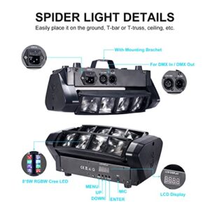 LED Mini Spider Moving Head Light 8x5W Beam Stage Lights RGBW Sound Activated DMX-512 Control for DJ Party Bar Disco Show Wedding Event Stage Lighting