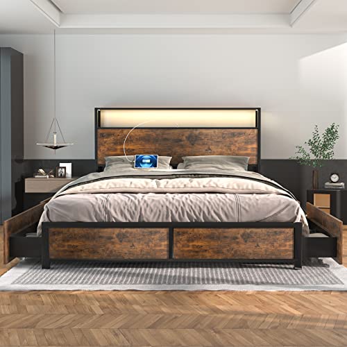 Gitua Bed Frame with Storage Drawers Full Size - Led Lights and Charging Station Metal Bed Frame with Headboard, No Box Spring Platform Bed Frame Wood, Vintage Brown