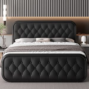 feonase full size curved metal platform bed frame with faux leather headboard, heavy duty bed frame with rhombus button tufted footboard, 1000 lbs weight capacity, noise-free, easy assembly, black
