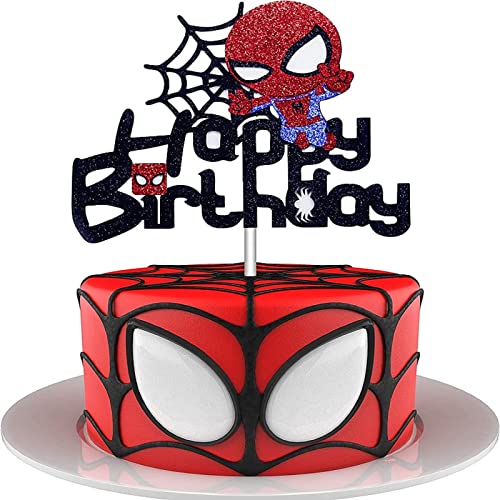 Spider Birthday Cake Topper Glitter Superhero Themed Happy Birthday Cake Decorations for Boys Kids Bday Party Supplies