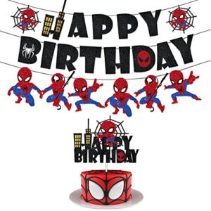 glittery spider hero birthday party banner and cake topper decorations,red black spider hero theme party decorations supplies for kids