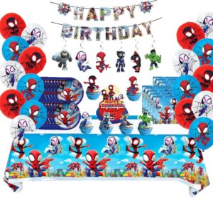spidey and his amazing friends birthday party supplies decorations set with tablecloth,plates,napkins, banner, balloons, hanging swirls, cake cupcake toppers for boys girls spidey-theme party