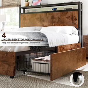 LUXOAK Full Size Bed Frame with 4 Storage Drawers, Wooden Platform Bed with 2-Tires Storage Headboard and Charging Station, No Box Spring Needed/Noise Free/Rustic Brown