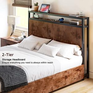 LUXOAK Full Size Bed Frame with 4 Storage Drawers, Wooden Platform Bed with 2-Tires Storage Headboard and Charging Station, No Box Spring Needed/Noise Free/Rustic Brown