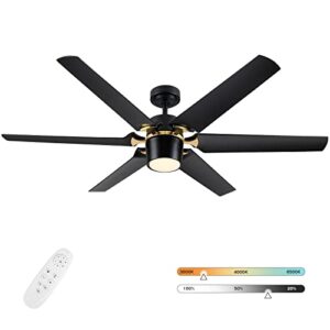 60 inch large ceiling fan with light and remote, modern black ceiling fans with gold alloy, dimmable 3-color temperature reversible blades 6 speed quiet dc motor for bedroom living room hall etc