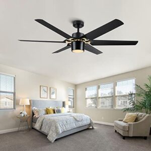 60 inch Large Ceiling Fan with Light and Remote, Modern Black Ceiling Fans with Gold Alloy, Dimmable 3-Color Temperature Reversible Blades 6 Speed Quiet DC Motor for Bedroom Living Room Hall etc