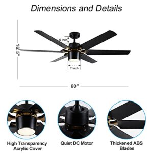 60 inch Large Ceiling Fan with Light and Remote, Modern Black Ceiling Fans with Gold Alloy, Dimmable 3-Color Temperature Reversible Blades 6 Speed Quiet DC Motor for Bedroom Living Room Hall etc