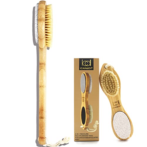 ICANdOIT-4 in 1 Feet Pedicure Kit with Long Handle Classic Bath Shower Brush&Dry/Wet Brushing Body Brush Back Scrubber,Shower Brush for exfoliator Skin and Remove Dead Skin Cells