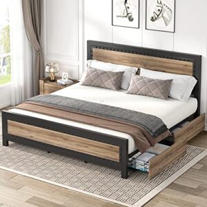 keyluv queen size bed frame with 4 storage drawers, rivet modern headboard and footboard platform bed with solid wood slats support, no box spring needed, metal frame mattress foundation noise-free