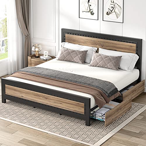 Keyluv Queen Size Bed Frame with 4 Storage Drawers, Rivet Modern Headboard and Footboard Platform Bed with Solid Wood Slats Support, No Box Spring Needed, Metal Frame Mattress Foundation Noise-Free