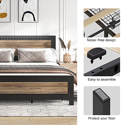 Keyluv Queen Size Bed Frame with 4 Storage Drawers, Rivet Modern Headboard and Footboard Platform Bed with Solid Wood Slats Support, No Box Spring Needed, Metal Frame Mattress Foundation Noise-Free