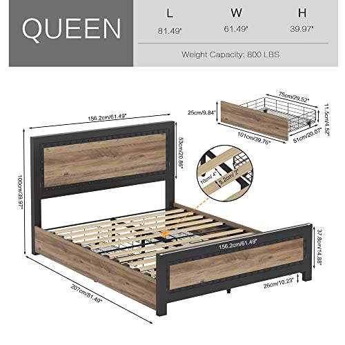 Keyluv Queen Size Bed Frame with 4 Storage Drawers, Rivet Modern Headboard and Footboard Platform Bed with Solid Wood Slats Support, No Box Spring Needed, Metal Frame Mattress Foundation Noise-Free