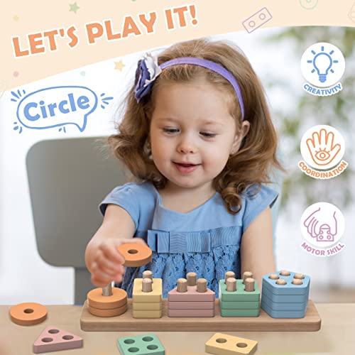 pigipigi Montessori Toys Gift for 1 2 3 4 Years Old - Wooden Sorting Stacking Toy Toddler Baby Preschool Kids Boys Girls Learning Color Shape Block Educational Activity Game Christmas Birthday Gifts