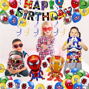 115 Pcs of Superhero Party Decorations, Superhero Birthday Decorations for Girls and Boys Birthday Party Supplies with Superhero Plates Tablecloth Banner, Balloons, Stickers, Hanging Decorations