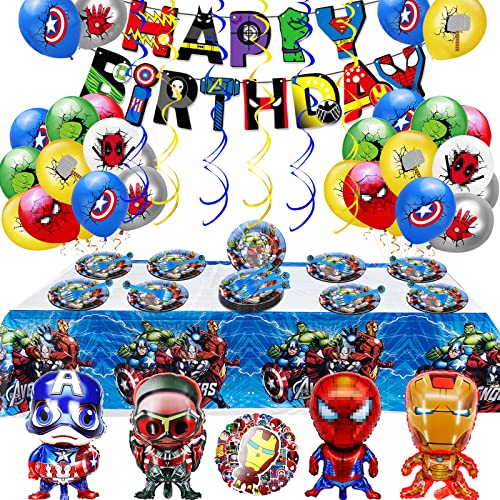 115 Pcs of Superhero Party Decorations, Superhero Birthday Decorations for Girls and Boys Birthday Party Supplies with Superhero Plates Tablecloth Banner, Balloons, Stickers, Hanging Decorations