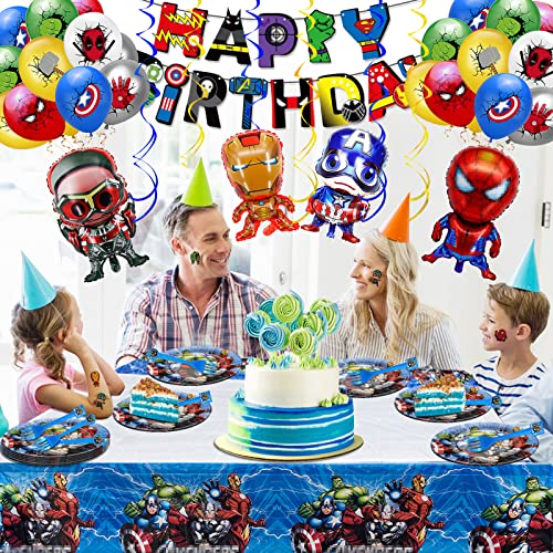 115 Pcs of Superhero Party Decorations, Superhero Birthday Decorations for Girls and Boys Birthday Party Supplies with Superhero Plates Tablecloth Banner, Balloons, Stickers, Hanging Decorations