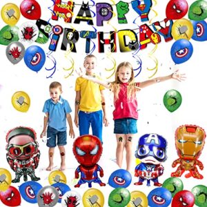 115 Pcs of Superhero Party Decorations, Superhero Birthday Decorations for Girls and Boys Birthday Party Supplies with Superhero Plates Tablecloth Banner, Balloons, Stickers, Hanging Decorations