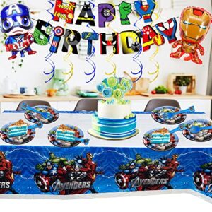 115 Pcs of Superhero Party Decorations, Superhero Birthday Decorations for Girls and Boys Birthday Party Supplies with Superhero Plates Tablecloth Banner, Balloons, Stickers, Hanging Decorations