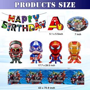 115 Pcs of Superhero Party Decorations, Superhero Birthday Decorations for Girls and Boys Birthday Party Supplies with Superhero Plates Tablecloth Banner, Balloons, Stickers, Hanging Decorations