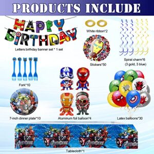 115 Pcs of Superhero Party Decorations, Superhero Birthday Decorations for Girls and Boys Birthday Party Supplies with Superhero Plates Tablecloth Banner, Balloons, Stickers, Hanging Decorations