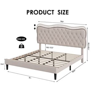 HOSTACK King Size Bed Frame, Linen Fabric Upholstered Platform Bed Frame with Adjustable Headboard, Diamond Tufted Mattress Foundation with Wood Slats, Easy Assembly, No Box Spring Needed, Beige