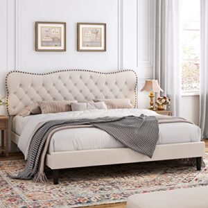HOSTACK King Size Bed Frame, Linen Fabric Upholstered Platform Bed Frame with Adjustable Headboard, Diamond Tufted Mattress Foundation with Wood Slats, Easy Assembly, No Box Spring Needed, Beige