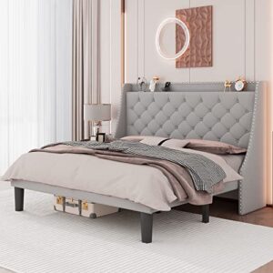 feonase king size bed frame with deluxe wingback headboard, upholstered platform bed frame with diamond tufting & storage shelf, wood slats, easy assembly, noise-free, no box spring needed, light gray
