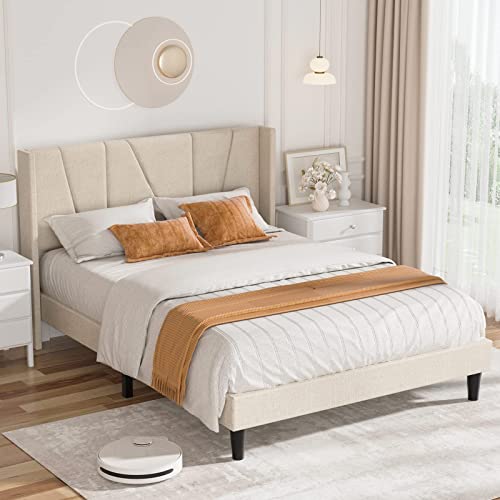 HOMBCK Full Size Bed Frame with Geometric Wingback Headboard, Modern Fabric Upholstered Platform Bed Frame Full with Strong Wood Slat Support, No Box Spring Needed, Easy Assembly, Beige