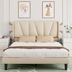 hombck full size bed frame with geometric wingback headboard, modern fabric upholstered platform bed frame full with strong wood slat support, no box spring needed, easy assembly, beige