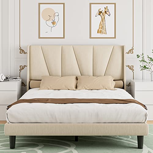 HOMBCK Full Size Bed Frame with Geometric Wingback Headboard, Modern Fabric Upholstered Platform Bed Frame Full with Strong Wood Slat Support, No Box Spring Needed, Easy Assembly, Beige