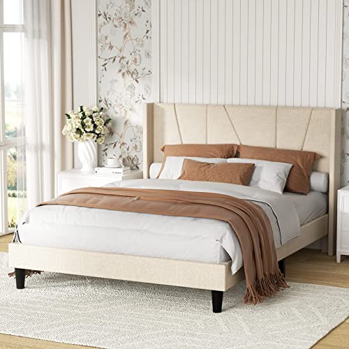 HOMBCK Full Size Bed Frame with Geometric Wingback Headboard, Modern Fabric Upholstered Platform Bed Frame Full with Strong Wood Slat Support, No Box Spring Needed, Easy Assembly, Beige