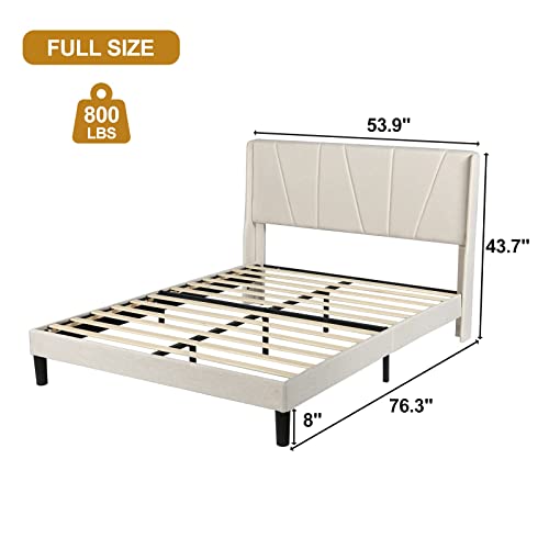 HOMBCK Full Size Bed Frame with Geometric Wingback Headboard, Modern Fabric Upholstered Platform Bed Frame Full with Strong Wood Slat Support, No Box Spring Needed, Easy Assembly, Beige