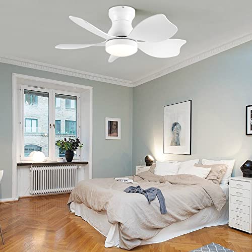 Ceiling Fan with Lights, 30 inch Remote Control, Low Profile DC Smart Ceiling Fan Works with Alexa, Google Home & Smart APP, White Flush Mount Ceiling Fan Suitable for bedroom dining room kitchen