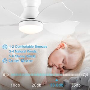 Ceiling Fan with Lights, 30 inch Remote Control, Low Profile DC Smart Ceiling Fan Works with Alexa, Google Home & Smart APP, White Flush Mount Ceiling Fan Suitable for bedroom dining room kitchen
