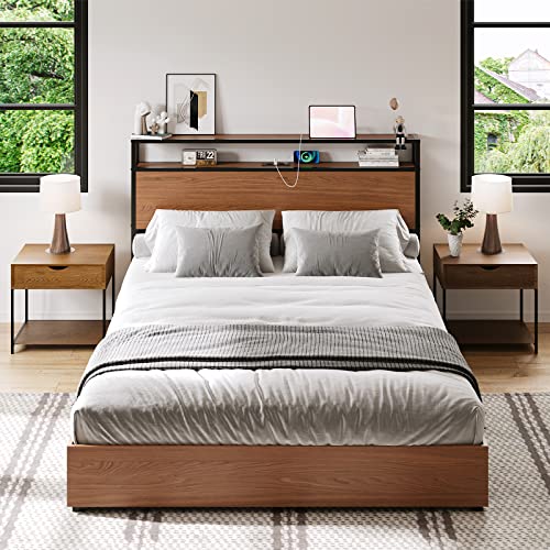 AMERLIFE Queen Size Storage Bed Frame with Charging Station, Wooden Platform with 4 Drawers & Headboard/No Box Spring Needed/Noise-Free/Cherry