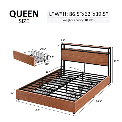 AMERLIFE Queen Size Storage Bed Frame with Charging Station, Wooden Platform with 4 Drawers & Headboard/No Box Spring Needed/Noise-Free/Cherry