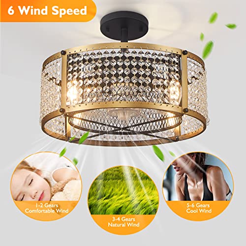 Zhizenl Ceiling Fan with Lights, 6 Speeds Reversible Crystal Ceiling Fans with Remote Control, Low Profile Industrial Modern Ceiling Fan Lights for Living Room Bedroom Kitchen Island (Gold & Black)