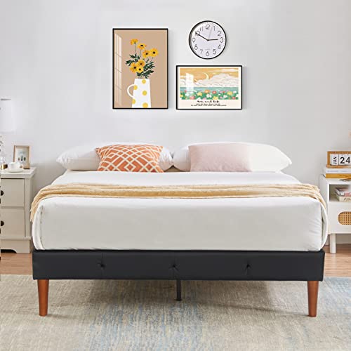 VECELO Premium Faux Leather Upholstered Platform Bed Frame/Mattress Foundation/No Box Spring Needed/Strong Wood Slat Support PU Black, (Queen)