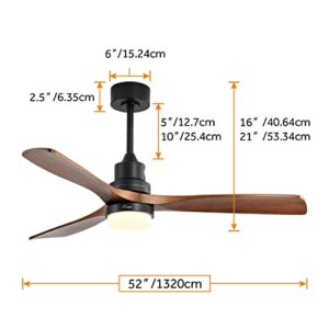 Sofucor 52'' Wood Ceiling Fan With Lights Remote Control 3 Wood Fan Blade Ceiling Fans Noiseless Motor Solid Walnut and Matte Black