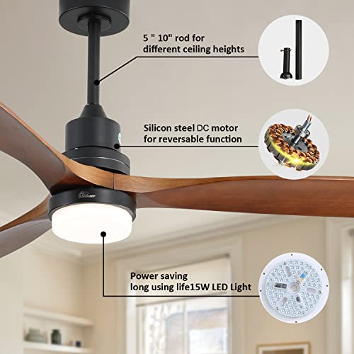 Sofucor 52'' Wood Ceiling Fan With Lights Remote Control 3 Wood Fan Blade Ceiling Fans Noiseless Motor Solid Walnut and Matte Black