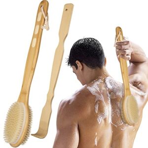 back scrubber for shower, body brush & back scratcher set with long handle for adult men women, bath dual-sided for wet or dry brushing, exfoliating skin.