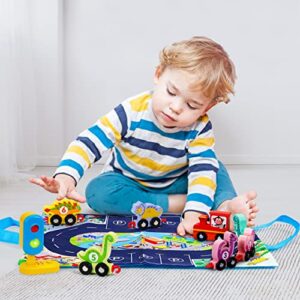 Dinosaur Toys for Kids 2-4 Gifts, Wooden Train Set for 2 3 Year Old Boy Toys, Montessori Toys for 1+ 2 3 Year Old Girl Birthday Gifts, Toy Cars Learning Educational Toys for Toddler Ages 1-2-4