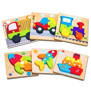 skyfield wooden vehicle puzzles for 1 2 3 years old boys girls, toddler educational developmental toys gift with 6 vehicle baby montessori color shapes learning puzzles, great gift ideas