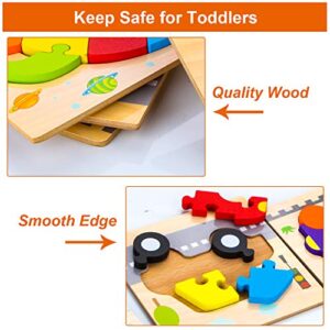SKYFIELD Wooden Vehicle Puzzles for 1 2 3 Years Old Boys Girls, Toddler Educational Developmental Toys Gift with 6 Vehicle Baby Montessori Color Shapes Learning Puzzles, Great Gift Ideas