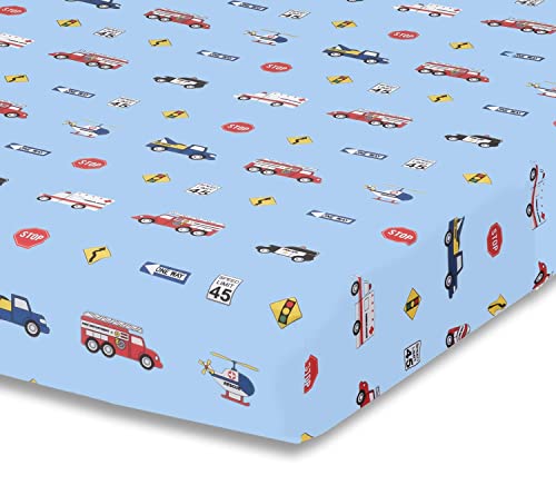 Baby Boy Fitted Crib Sheet Police, Fire and Rescue, 100% Soft Breathable Microfiber Baby Sheet, Fits Standard Size Crib Mattress 28in x 52in, Nursery Sheet