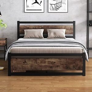 ekrison king size bed frame with wooden headboard, no box spring needed, heavy duty metal bed frame, strong slat support, mattress foundation, twin xl/queen/king (king)
