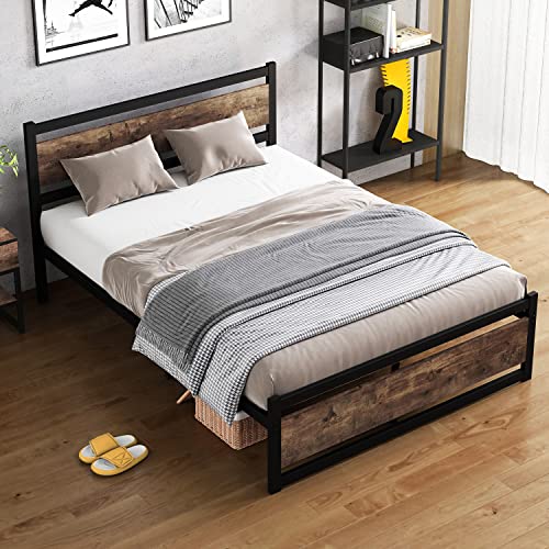 EKRISON King Size Bed Frame with Wooden Headboard, No Box Spring Needed, Heavy Duty Metal Bed Frame, Strong Slat Support, Mattress Foundation, Twin XL/Queen/King (King)